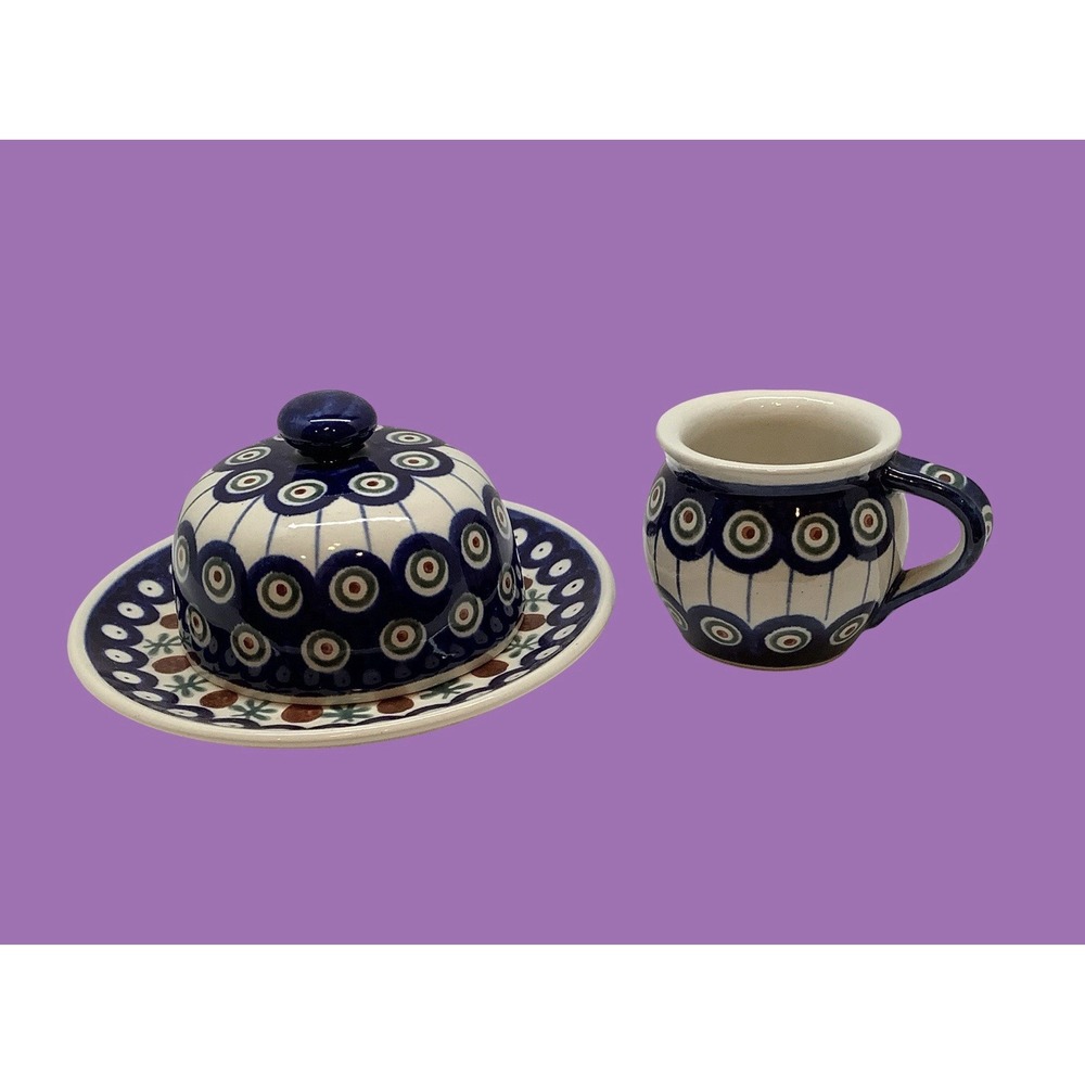 Boleslawiec Polish Pottery Ceramic Cup Domed Dish With Plate Peacock Pattern
